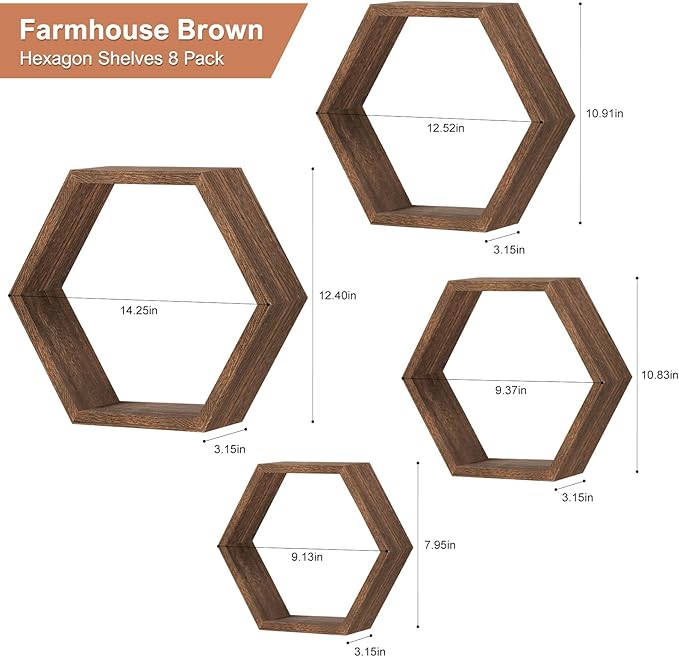 Hexagon Floating Shelves Set of 8 Wood Hexagonal Shelves Brown Wall Decor and Storage Racks for Living Room Floating Honeycomb Plants Shelf Farmhouse Wall Hexagon Hanging Shelf for Bedroom Home