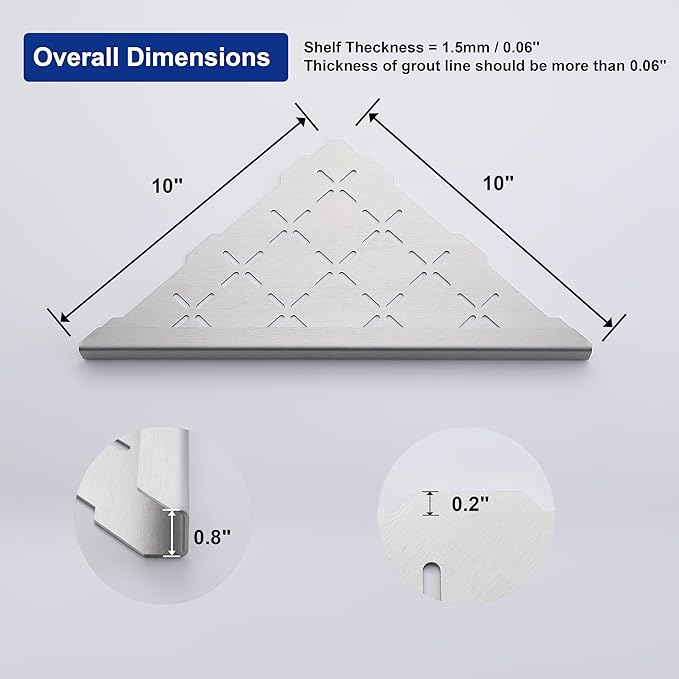 10" Corner Shower Shelf, 2-Pack Shower Shelves SUS304 Stainless Steel Bathroom Shelves for Tile Walls, Recessed Corner Shelf Organizer Rack, No Drilling (Brushed)
