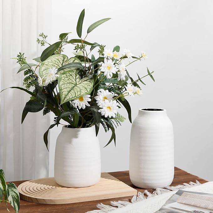 Briful 7.1in Rustic Shabby Ivory Ceramic Vase, Vintage Farmhouse Decor, Whitewashed Terra Cotta Antique Pottery Pampas Vases for Home Living Room Kitchen Mantel Table Shelf Decorations