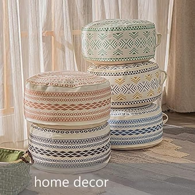 MOCOFO Unstuffed Round Pouf Covers Boho Colorful Geometric Ottoman Pouf Cover with Handle Design,Decoration Footstool for Living Room,Bedroom,Patio (Black,18x18x8)