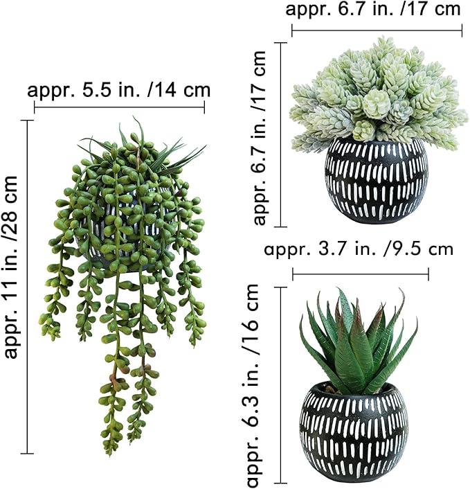 Winlyn Set of 3 Small Artificial Succulent Potted Plants Faux Aloe Hops Hanging Succulent in Black Concrete Planters for Gift Home Office Bathroom Living Room Wedding Windowsill Table Shelf Desk Décor