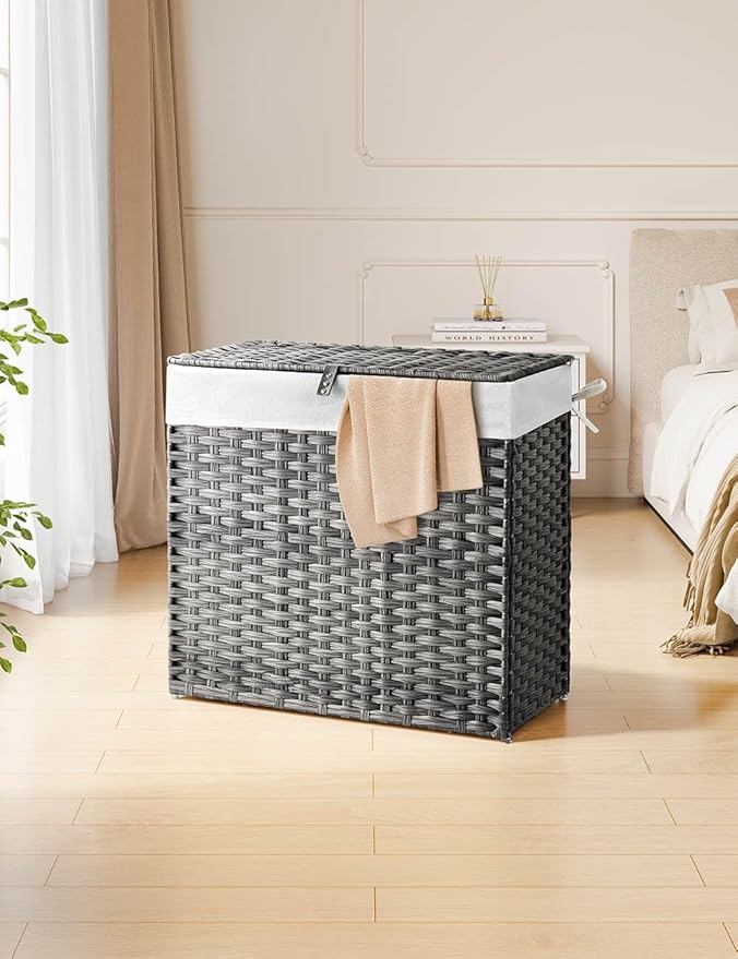 Greenstell Laundry Hamper with Lid, 125L Laundry Basket with 2 Removable Liner Bags & 2 Mesh Bags, Handwoven Synthetic Rattan Clothes Hamper for Clothes, Toys in Bathroom, Bedroom, Foldable, Grey