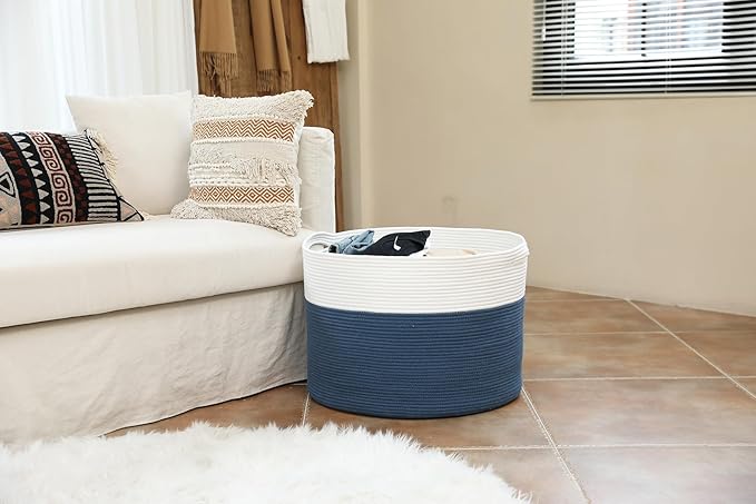 24" x 24" x 17" Max Size Large Cotton Rope Basket, Extra Large Storage Basket, Woven Laundry Hamper, Cloth Storage Bin, for Blankets Clothes Towels Pillows in Living Room, Dark Blue