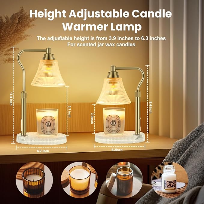 Lamp Candle Warmer for Jar Candles,Flower Candle Warmer Lamp with Timer Dimmer,Glass Base Adjustable Height Candle Warmer Lamp,Gold Electric Candle Warmer for Scented Wax Jar Candles,Glass Lampshade
