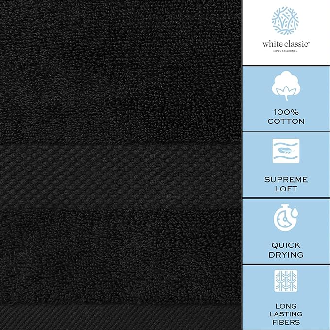 White Classic Luxury Bath Towels Set of 4 Large - 700 GSM Cotton Ultra Soft Bath Towels 27x54 | Highly Absorbent and Quick Dry | Hotel Towels for Bathroom Luxury, Plush Shower Towels, Black