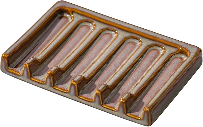 Self Draining Premium Brown Ceramic Waterfall Soap Dish, Bar and Shower Soap Holder Sponge Holder Soap Tray Savers for Bathroom, Shower, Kitchen, Sink and Countertop