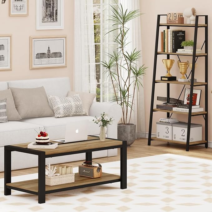 BON AUGURE Wood Coffee Table, Rectangle Coffee Tables for Living Room, Farmhouse Living Room Center Tables, Low Cocktail Tea Table with Rounded Corner (Vintage Oak, 43 Inch)