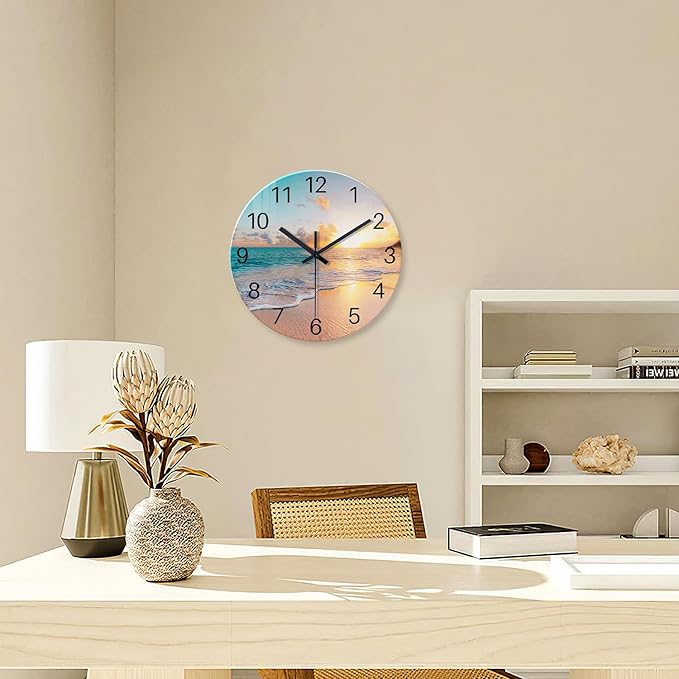 Beach Wall Clock Battery Operated 12 Inch Glass Wall Clock Non Ticking Analog Blue Clock for Bedroom Living Room Office