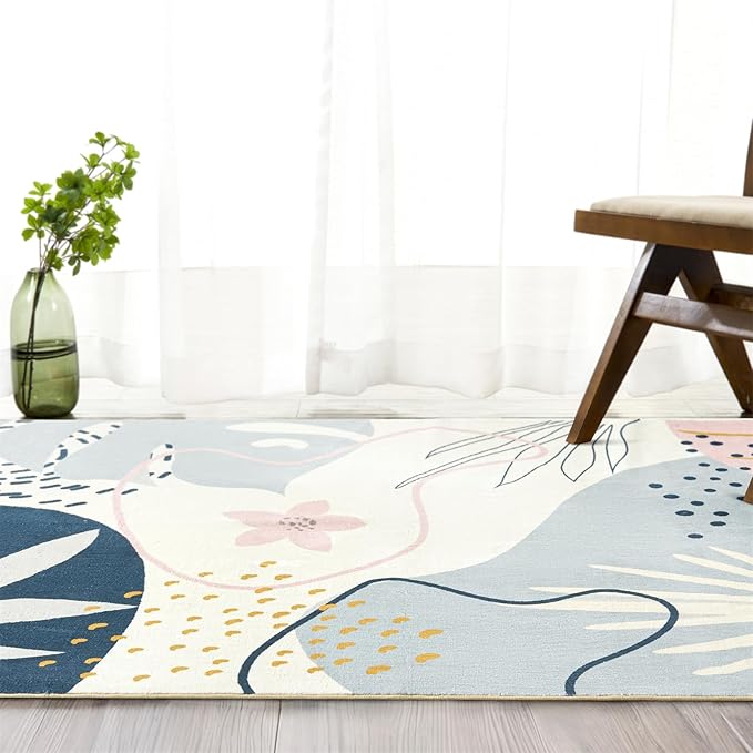 RoomTalks Mid Century Modern Washable Rug, Boho Cute Aesthetic 5x7 Area Rugs for Bedroom Dining Living Room Kitchen Nursery, Blue Abstract Tropical Leaves Thin Indoor Entryway Rug Accent Carpet