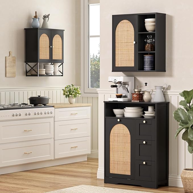 Rattan Bathroom Wall Cabinet, Boho Medicine Wall Cabinets with Door and Adjustable Shelves, Tall Kitchen Wall Mounted Storage Cabinet, Floating Hanging Cabinet Space Saver for Laundry Room,Black