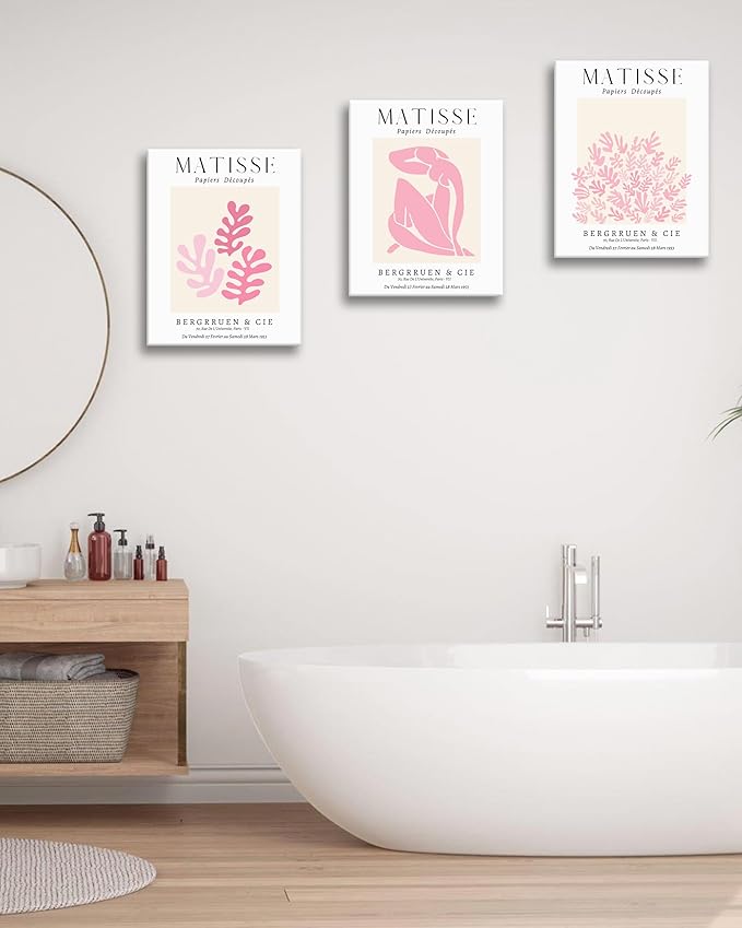 HesenDot Framed Matisse Pink Wall Art Set of 3,Minimalist Wall Decor,12x16IN Canvas Prints,Boho Cute Art Poster Home Decoration for Bathroom Bedroom