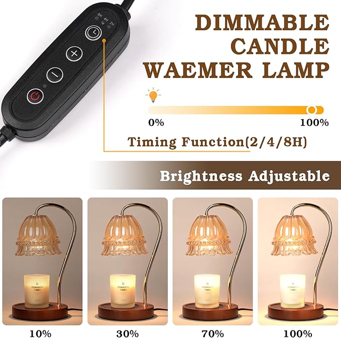 Glass Candle Warmer Lamp with Timer, Flower Candle Warmer Lamp, Birthday Gifts for Women, Mom, Female Friend, Candle Lamp Warmer Gifts, Electric Dimmable Candle Warmer, Vintage Home Decor, Amber