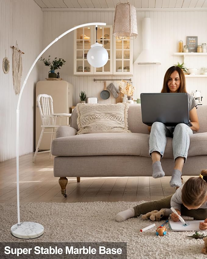 Lightdot Arc Floor Lamp for Living Room, 76Inch Tall Standing Lamp with Marble Base and Globe Bulbs Included, 3000K Warmwhite Modern Mid Century Floor Lamp for Bedroom & Home Office-White