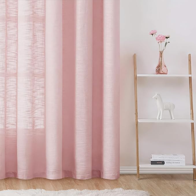 FMFUNCTEX Pink Sliding Door Curtains 84" Living Room Linen Semi Sheer Curtains 100" Width Extra Wide Room Divider Bedroom Drapes Linen Textured Semi Sheer Window Panels Blush Pink Rod Pocket 1 Panel