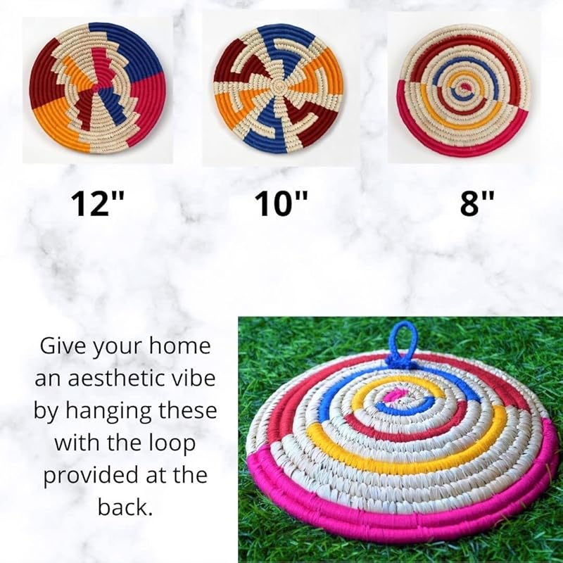 Set of 3 Round Boho Hanging Wall Basket Home Decor for Bedroom, Kitchen, Farmhouse Handmade Decorative Unique Indian Wall Decor Woven Wicker Baskets Christmas Gifting(Yellow Red Blue, Bright)