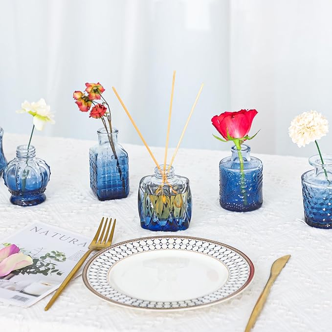 Fixwal 36 Blue Bud Vases Glass Bud Vase Set, Small Vases for Flowers, Bud Vases for Centerpieces Mini Flower Vases in Bulk for Rustic Wedding Decorations Vintage Look Home Table Decor (Blue)