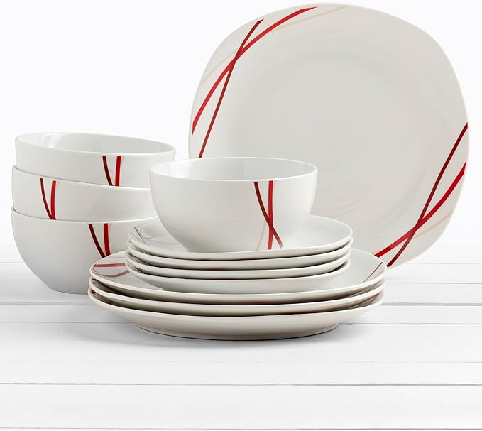 Tabletops Gallery 12-Piece White with Red Stripes Ceramic Dinnerware Set of Kitchen Dishes, Soft Square Dinner Salad Plates Cereal Bowls, Service for 4, Adrian