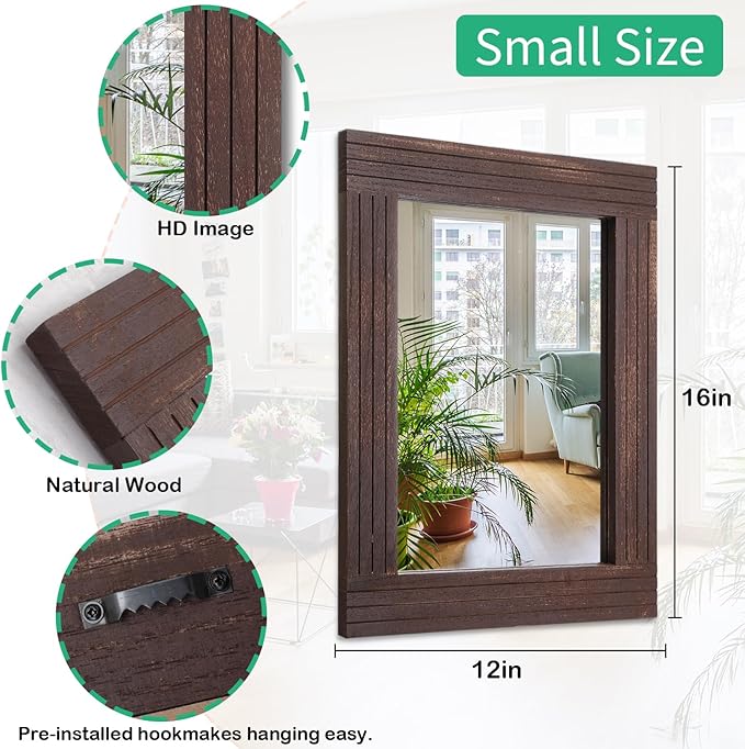 Mirrors for Wall Rustic Wooden Frame Rectangle Mirror Vintage Hanging Mirror for Bedroom Bathroom Living Room Farmhouse Wall Decor Brown Small 16" x 12 "