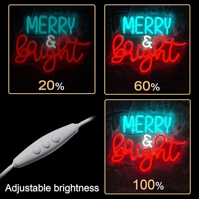 NOSUN Merry Bright Neon Sign,Merry Christmas Neon Signs Christmas Sign Light with Acrylic Board,Dimmable Switch Neon Sign,Christmas or Indoor Party Kids Bedroom Wedding Bar Pub Club Christmas Decor