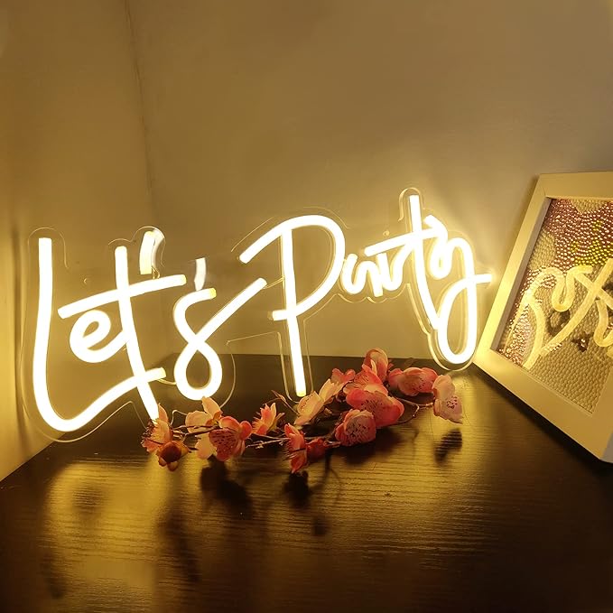 Ajoyferris Let's Party Neon Signs Dimmable Neon Light Sign for Wall Decor 16''x 7'' Word LED Neon Sign Art Decorative Lights for Bachelorette Engagement Party Birthday Wedding Party Warm White