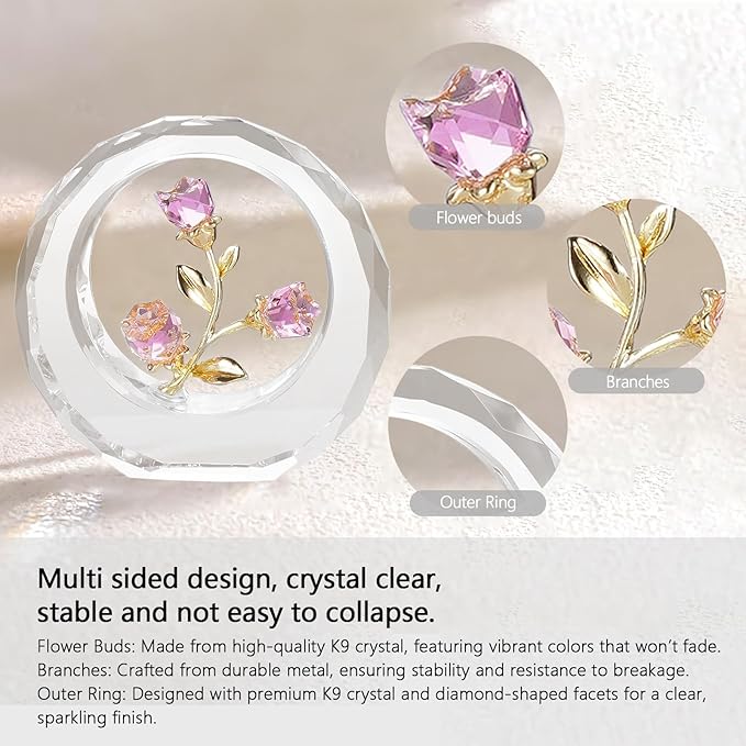 Crystal Flower Figurines,Glass Tulips with Stems,Spring Bouquet Collectible Figurines Home Decor (Pink)