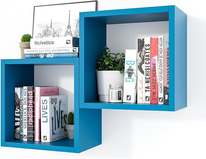 Kaboon Cube Floating Shelves Set2, Display Shelves Wall Mount 7.75" D x 12.5" W x 12.5" H, (Cyan, Square 2 Cubes)