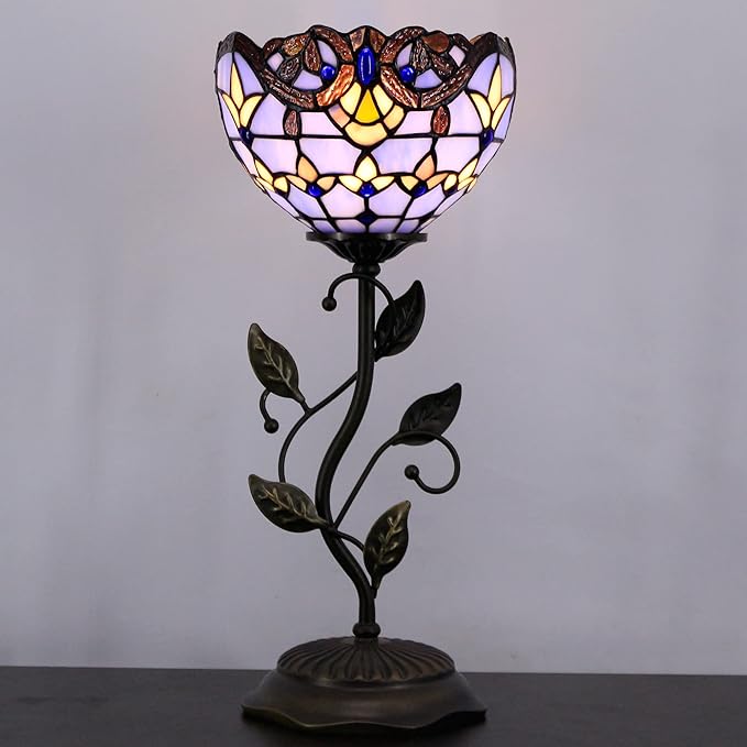 Small Tiffany Lamp Stained Glass Table Lamp Uplight Accent Lamp with Metal Leaf Base Blue Baroque Style Desk Light 8X19 Inch for Home Office Living Room Bedroom
