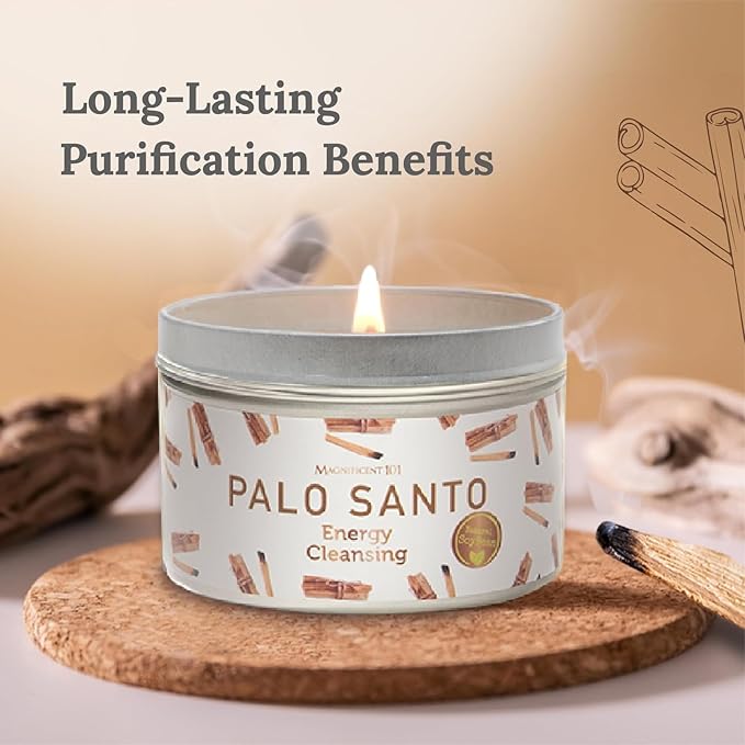 Magnificent 101 Long Lasting Palo Santo Smudge Candle - 6 Oz - 35 Hour Burn Time | Essential Oils, 100% Natural Ingredients | Smoke Free, Petroleum Free Candle to Cleanse Your Home