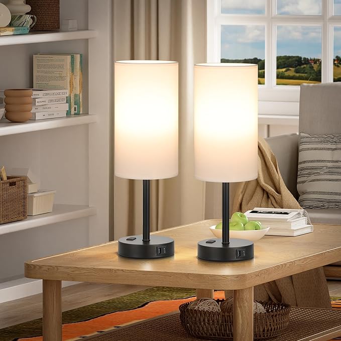17.4inches Tall White Bedroom Lamps Set of 2-3 Way Dimmable Touch Table Lamps with USB C and A Ports, Lamps for Nightstand with AC Outlet, Desk Lamps with Black Base for Office