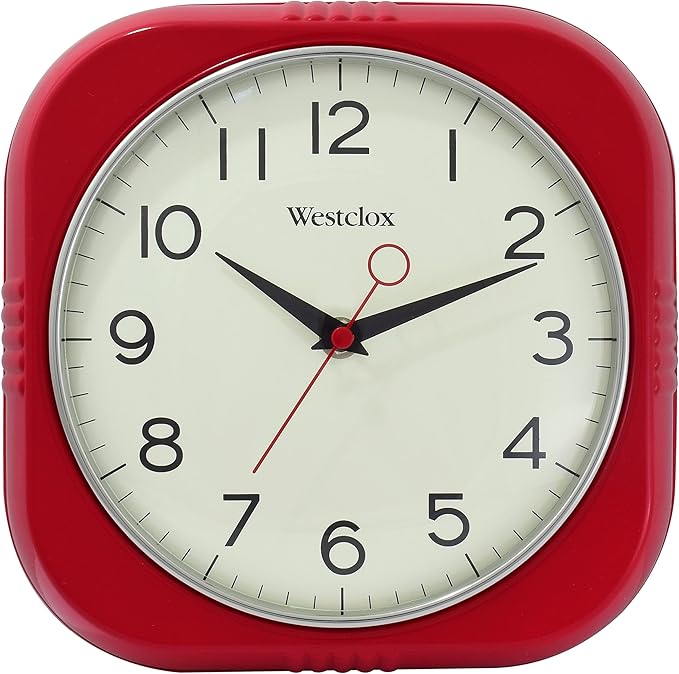 Westclox Retro Wall Clock Vintage 1950s Vintage Wall Clock for Kitchen Decor with Large 9.5" Display & Quiet Ticking | 50's Mid Century Retro Clock for Kitchen or Living Room | Red/Square