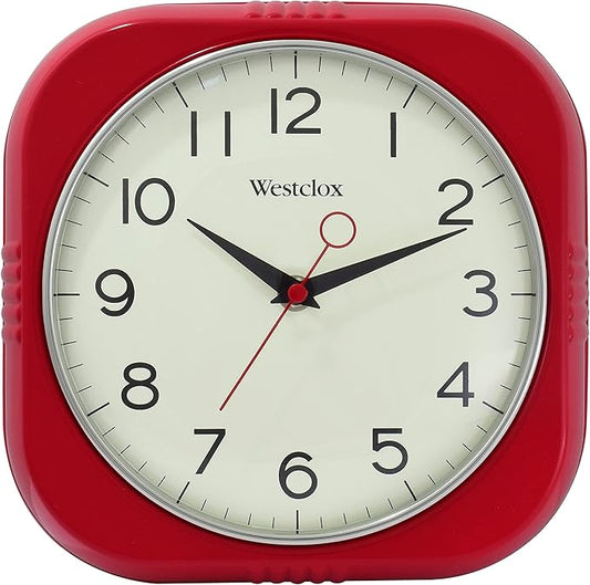 Westclox Retro Wall Clock Vintage 1950s Vintage Wall Clock for Kitchen Decor with Large 9.5" Display & Quiet Ticking | 50's Mid Century Retro Clock for Kitchen or Living Room | Red/Square