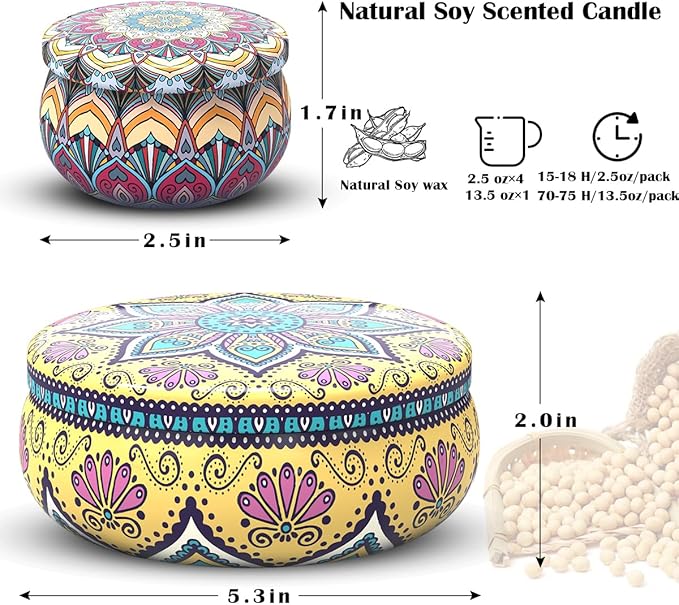 5 Pack Scented Candles Gift Set for Women Mother's Day, Natural Soy Wax Strong Lavender, Rose, Freesia and Orange Blossom Aromatherapy Stress Relief Candles in Bohemian Metal Tin