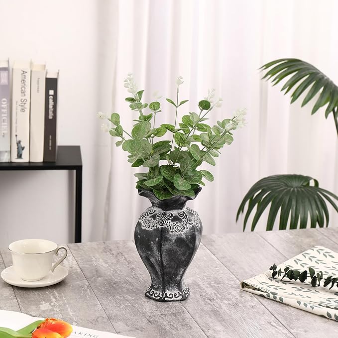 Black Ceramic Vase, Terracotta Vase for Decor, Rustic Farmhouse Vases, Vintage Pottery Vases for Living Room, Bedroom, Kitchen, Office, Dining Table, 8.5 Inches