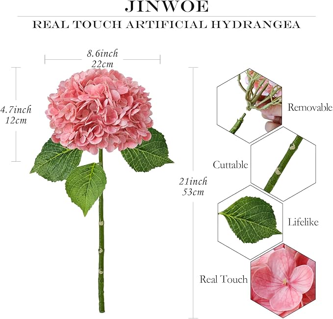 Real Touch Pink Hydrangea Artificial Flowers,3Pcs 21” Large Royal Faux Silk Flowers, Fake Artificial Hydrangeas for Christmas Kitchen Home Wedding Bouquet Centerpieces Tables