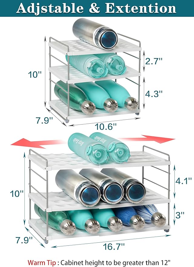Water Bottle Organizer For Cabinet, Expandable Water Bottle Holder Rack, Adjustable Tumbler Storage For Kitchen Organization, 3 Tier Cup Organizer For Sports Flask Insulated Travel Mug Fridge, White