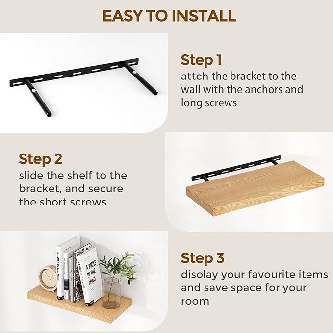 48"W x 9"D Floating Shelves Set of 2, 9.3 Inch Deep Floating Shelves Wall Mounted, Wide Wall Shelves Invisible Bracket, Deep Storage Shelves for Living Room, Bathroom, Kitchen, Oak Color