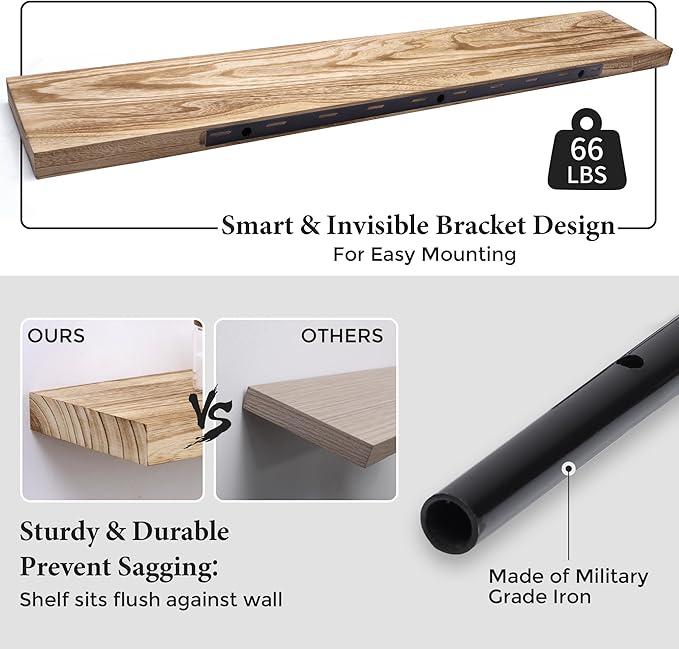 Axeman Floating Shelves, 8 Inch Deep Modern Solid Wood Wall Shelves for Storage, Wall Mounted Display Shelving with Invisible Heavy-Duty Metal Bracket, 48" W x 8" D x 1.6" H, Light Carbonized