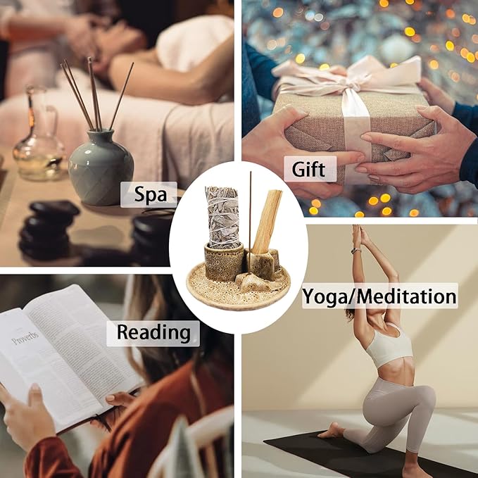 Sage and Palo Santo Holder,4 in 1 Incense Burner Holder for Sticks,Ceramic Sage Holder for Burning,Candle Holder,Ash Catcher Tray for Meditation Yoga,Black