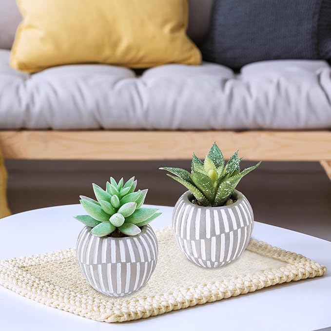 Winlyn Set of 3 Artificial Succulents Plants in Mini Gray and White Geometric Cement Pots Faux Potted Plants Aloe Pachyphytum Succulent Donkey Tail Small Plant for Home Office Table Shelf