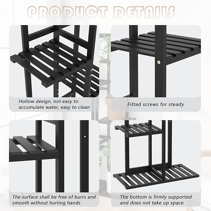 Laiensia 5 Tier Bamboo Plant Stand Rack 6 Potted Multiple Flower Pot Holder Shelf, Indoor&Outdoor Planter Display Shelves for Patio Garden, Living Room, Corner Balcony and Bedroom,Black