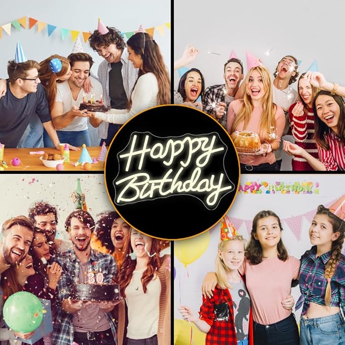 Happy Birthday Neon Sign for Wall Decor, Usb Powered with Dimmable Switch, Reusable Neon Light Sign for All Party Decoration Happy Birthday Signs (16" Warm white)