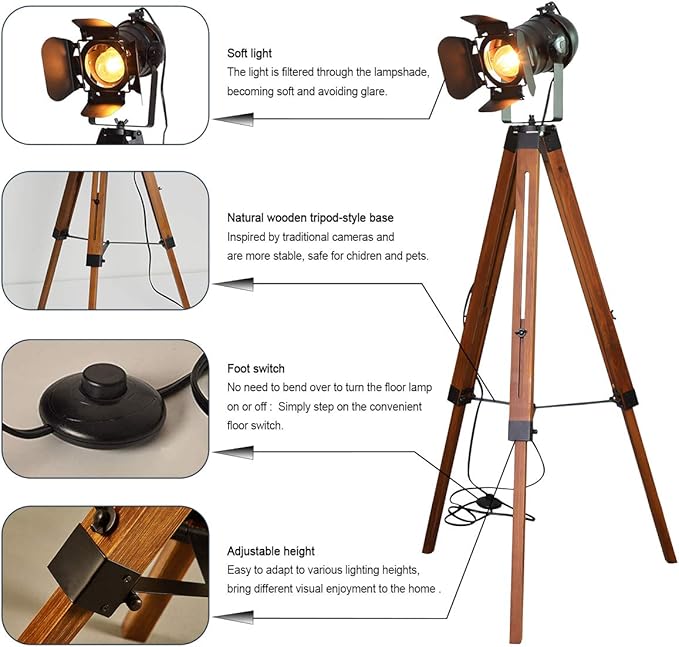 Industrial floor lamps for Living Room, Farmhouse Tripod Lamp for Bedrooms Vintage Steampunk Adjustable 55" Black Metal Camera Wooden Tall Standing Lights for Study Corner, Office (No E26 Bulb)