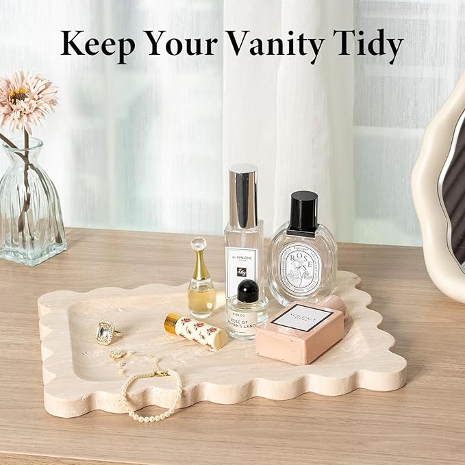 Koville Romano Travertine Vanity Tray, 11"x8" Natural Marble Decorative Scalloped Tray for Jewelry Cosmetics Perfume Trinket, Stone Organizer Trays for Countertop Bathroom Kitchen Dresser(Beige)