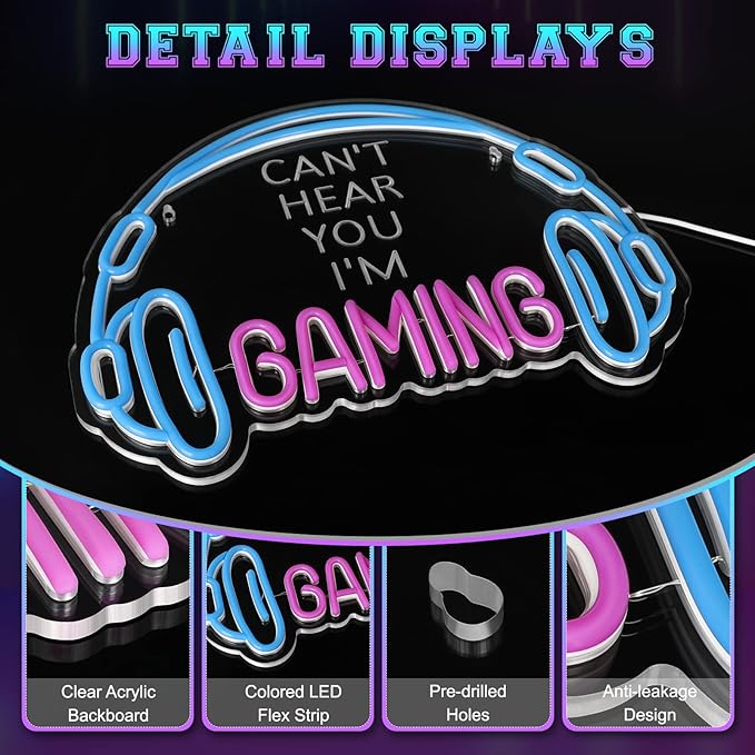 Gaming Neon Sign, Large Bright and Dimmable Colored LED Headset Gamer Neon Light and USB Powered Headphone Lightup Game Signs for Game Zone Video Room Boy Bedroom Wall Decor (Can't Hear You I'm Gaming)