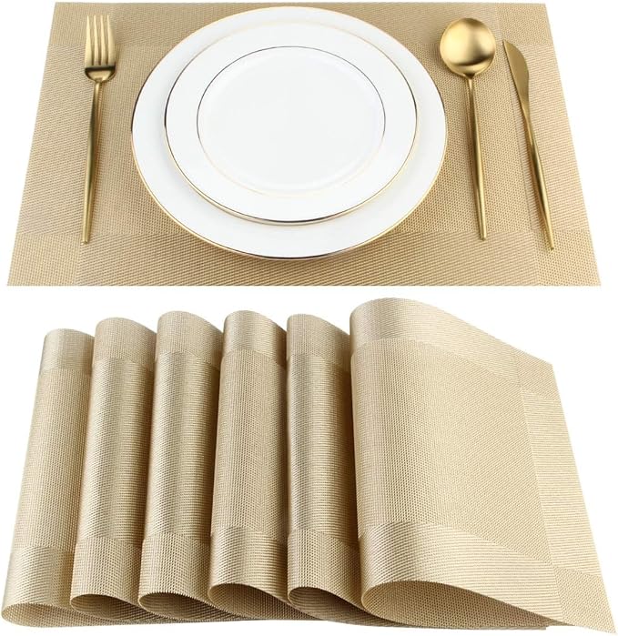 DACHUI Placemats Set of 4, Stylish Woven Place Mats for Dining Table, Washable & Durable PVC Table Mats (Gold)