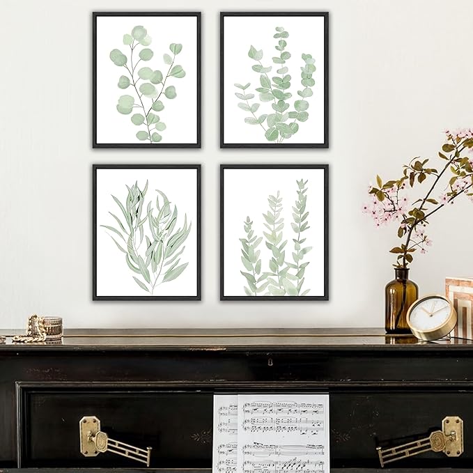 Drsoum Framed Botanical Plant Canvas Wood Wall Art Light Green Sage Wall Decor Eucalyptus Leaf Picture for Home 8βx 10β x 4pcs Black Framed