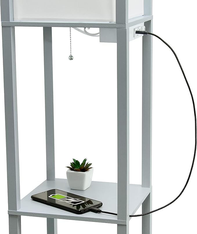 Simple Designs LF1037-GRY-LB Three Shelf Etagere Organizer Storage Floor Lamp with 2 Dual USB Ports and Charging Outlet, Gray, with Feit LED Bulb Included