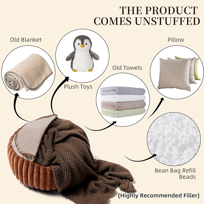 Unstuffed Pouf Ottoman Soft Bean Bag Storage Farmhouse Pouf Cover 20x20x8 Inches Decorative Floor Footrest for Living Room Bedroom Outdoor (Caramel, Round)