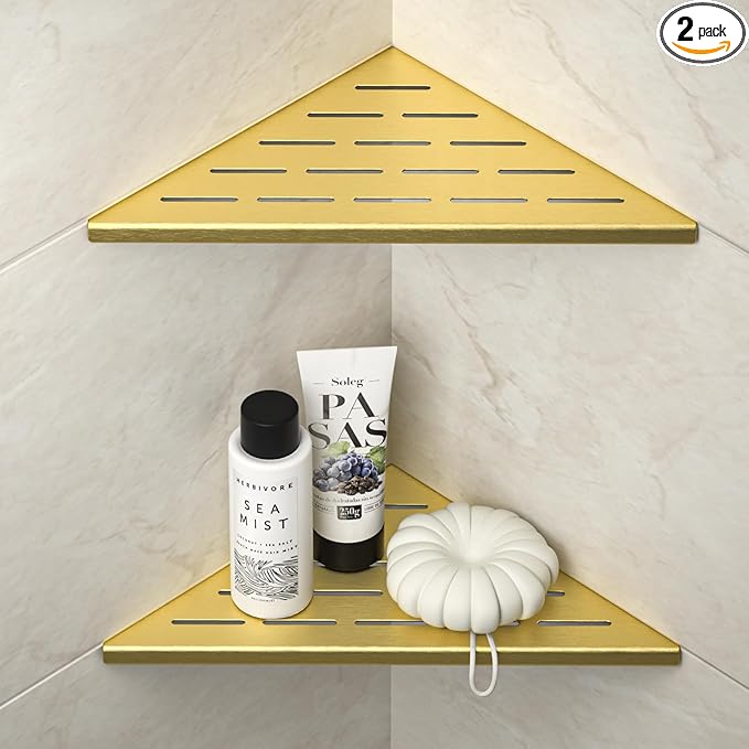 Corner Shower Shelf, 304 Stainless Steel Bathroom Shelf for Tiled Wall, Grout in Shelves (Gold, 10"-2 Pack)
