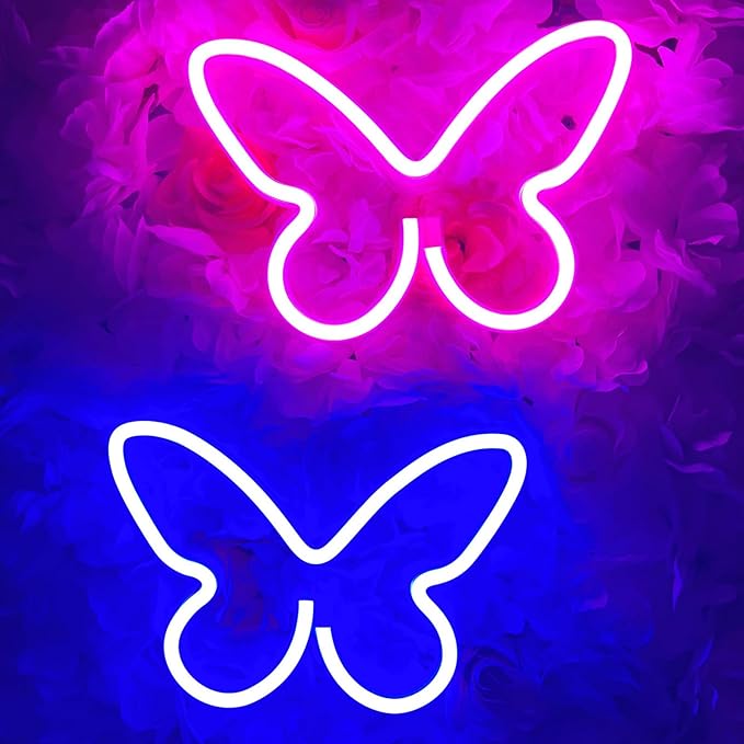 2 Butterfly Neon Signs, LED Night Lights for Bedroom & Kids Room Decor, USB/Battery Powered for Wedding, Birthday Parties & Art Decorations